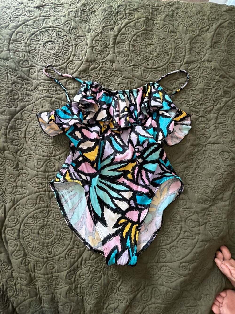 Vintage Gantner of California Abstract Print Ruffle One-Piece Swimsuit